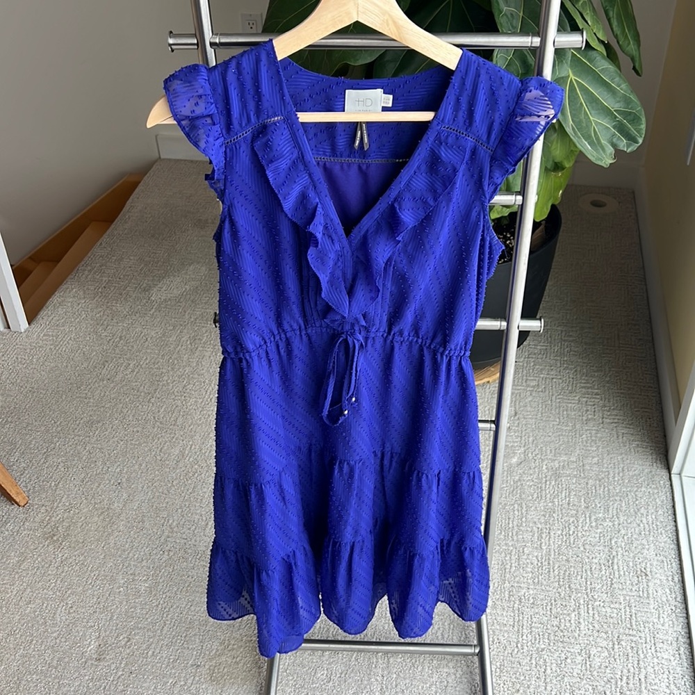 Gorgeous royal blue dress from Anthro with ruffle and pleating detail, size S